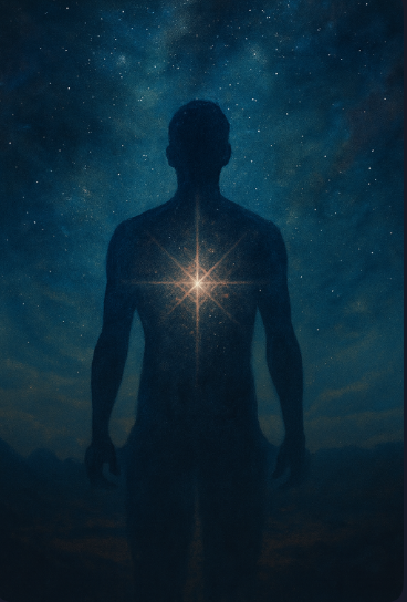Silhouette under starry sky with radiant chest light representing starseed awakening